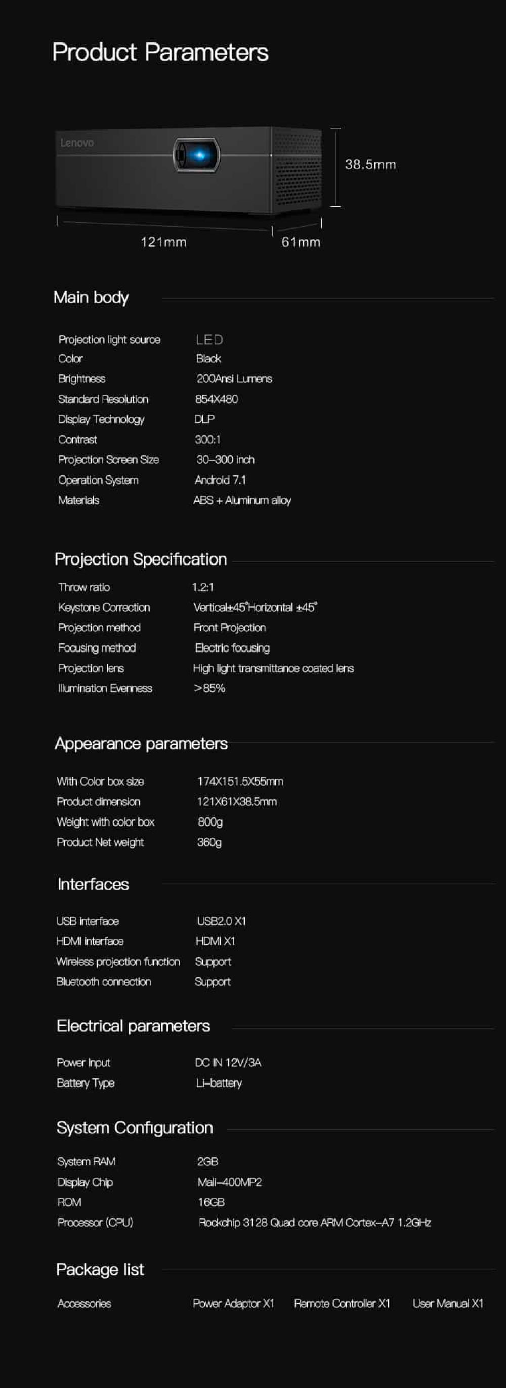 Lenovo M1 Projector Specifications