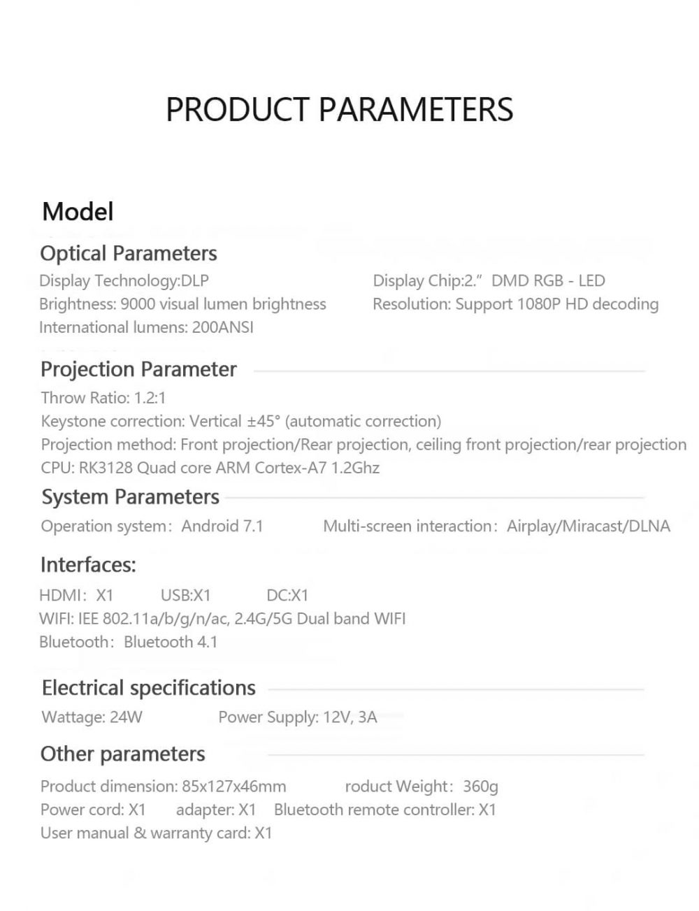 KT1 Portable Projector - Specifications