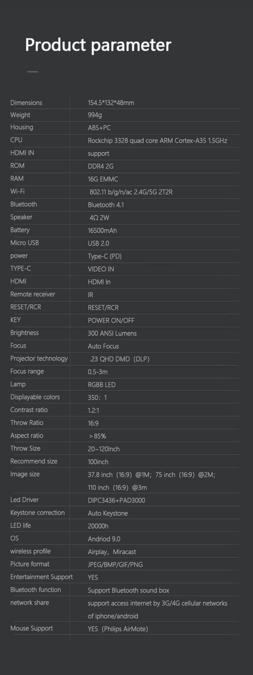 P302 Projector Specifications